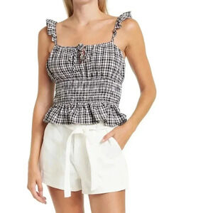 Wayf Black and White Checked smocked Waist top